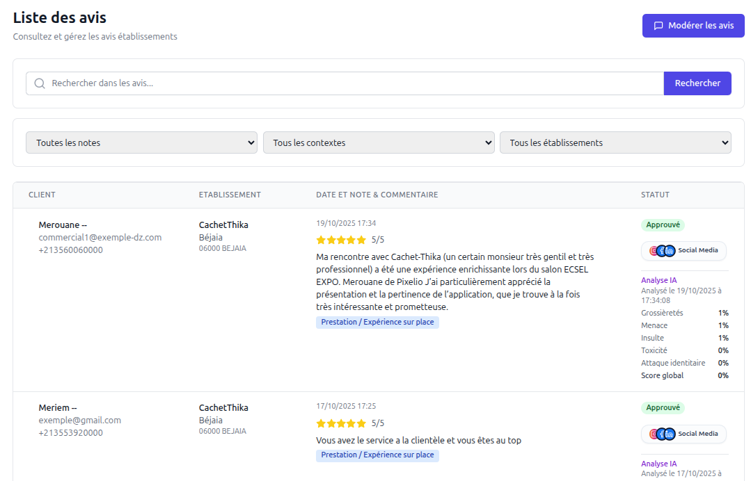 Interface de gestion des avis clients - liste complète avec notes et filtres