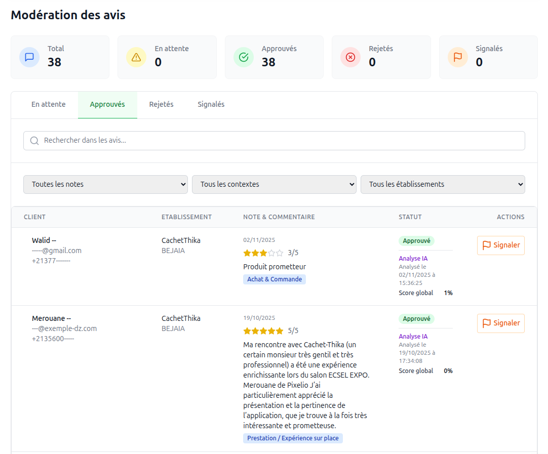 Modération avancée des avis clients avec filtrage automatique et approbation