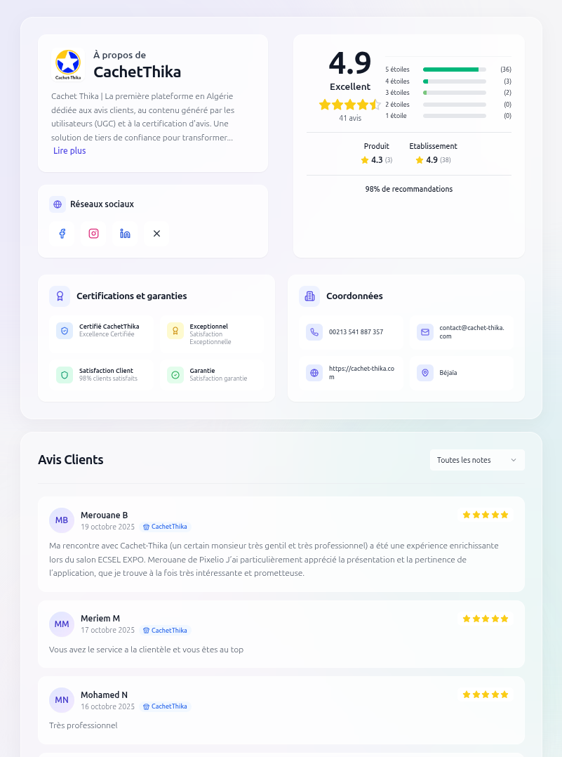 Page de certification et badge de confiance Cachet Thika pour entreprises