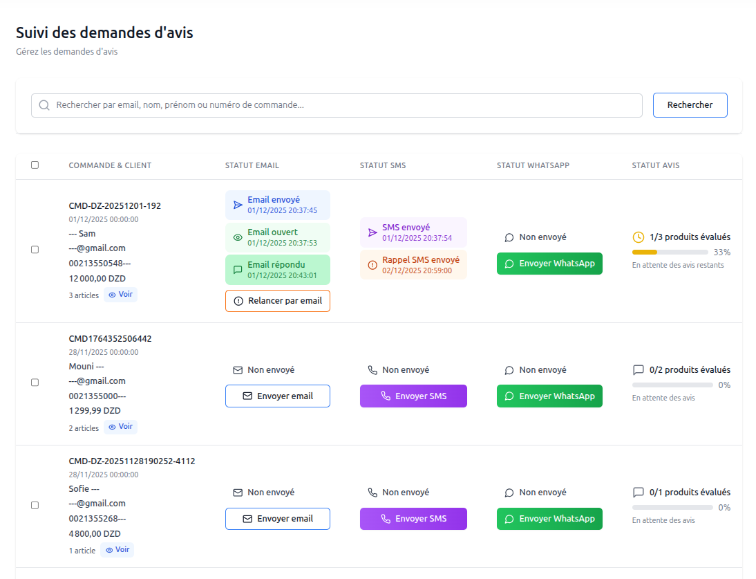 Envoi de demandes d'avis clients par email, SMS et WhatsApp depuis Cachet Thika