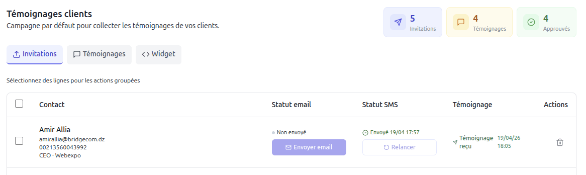 Campagne d'invitation témoignages