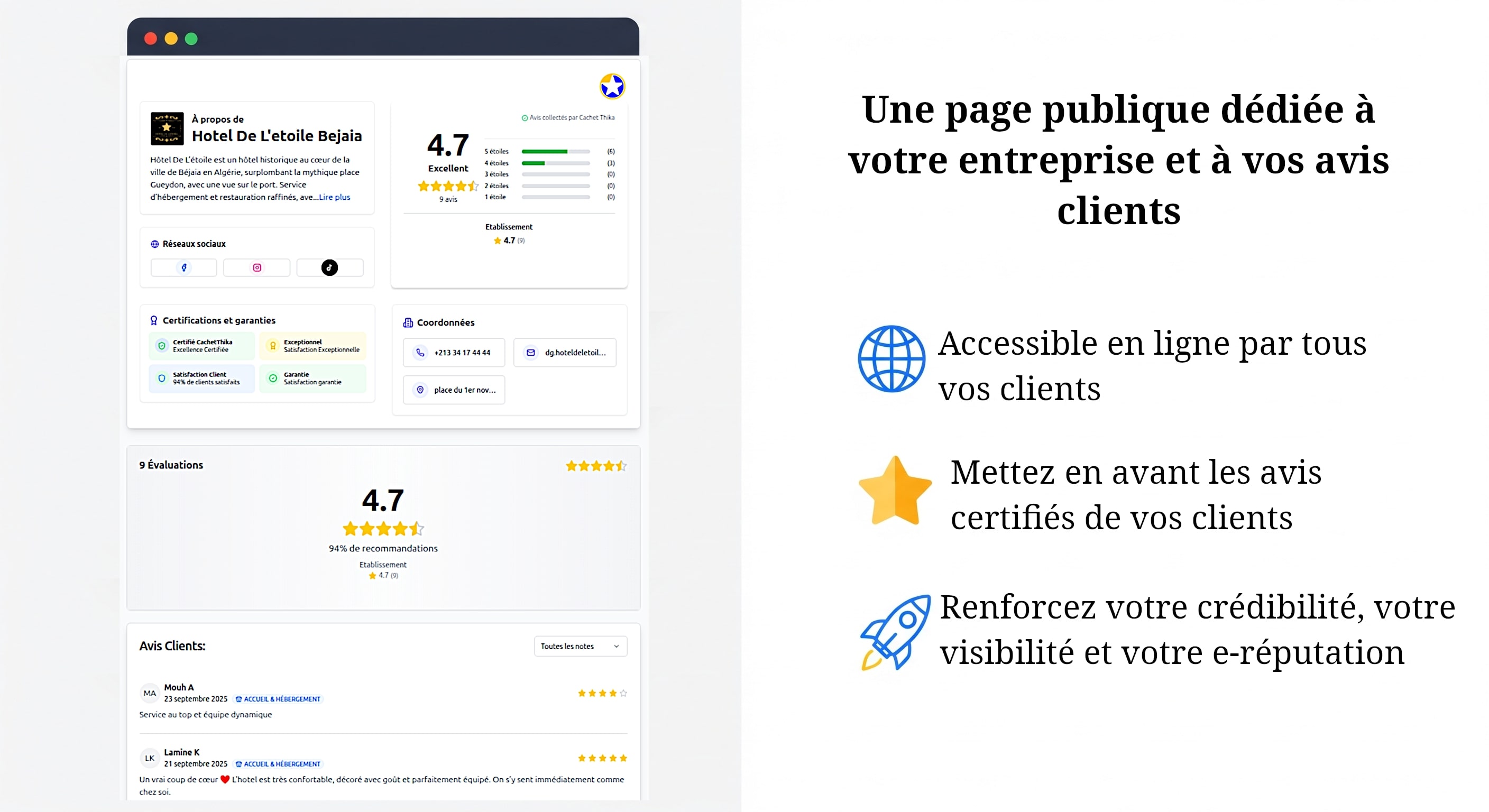 Page de certification d'avis clients vérifiés Cachet Thika