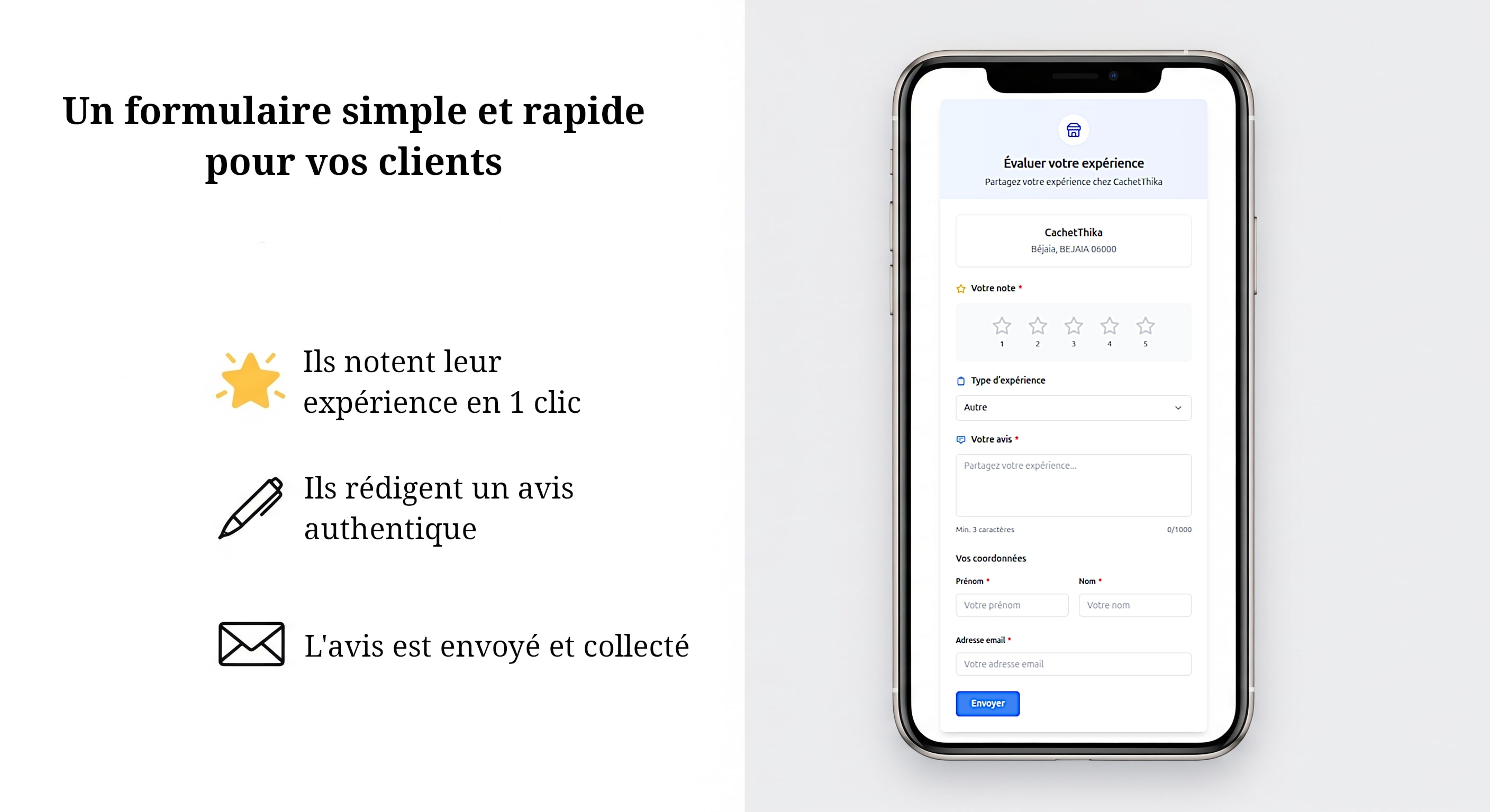 Formulaire de demande d'avis clients personnalisable Cachet Thika